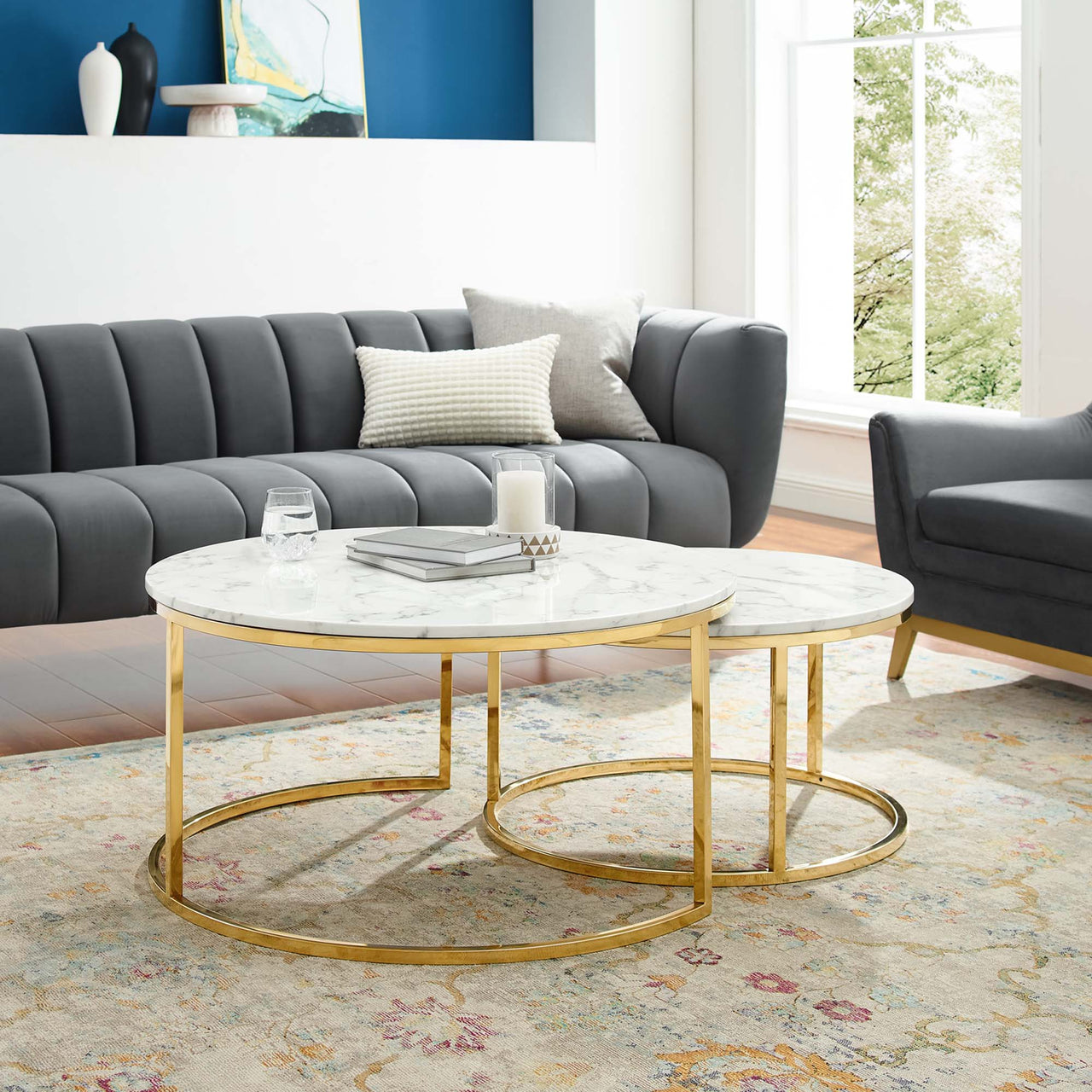 Ravenna Artificial Marble Nesting Coffee Table, Gold & White