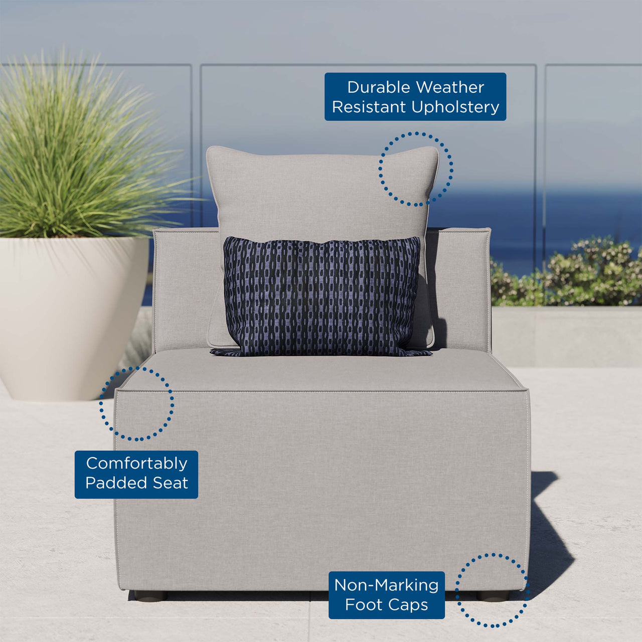 Merida Alfresco Upholstered Armless Chair | Outdoor Modular Sectional Component, Gray