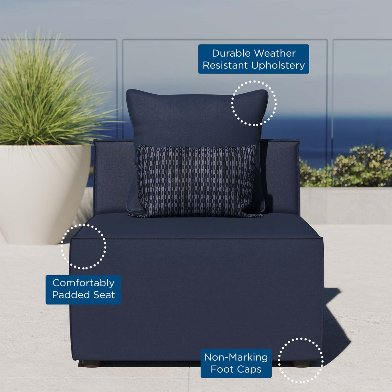 Merida Alfresco Upholstered Armless Chair | Outdoor Modular Sectional Component, Navy Blue