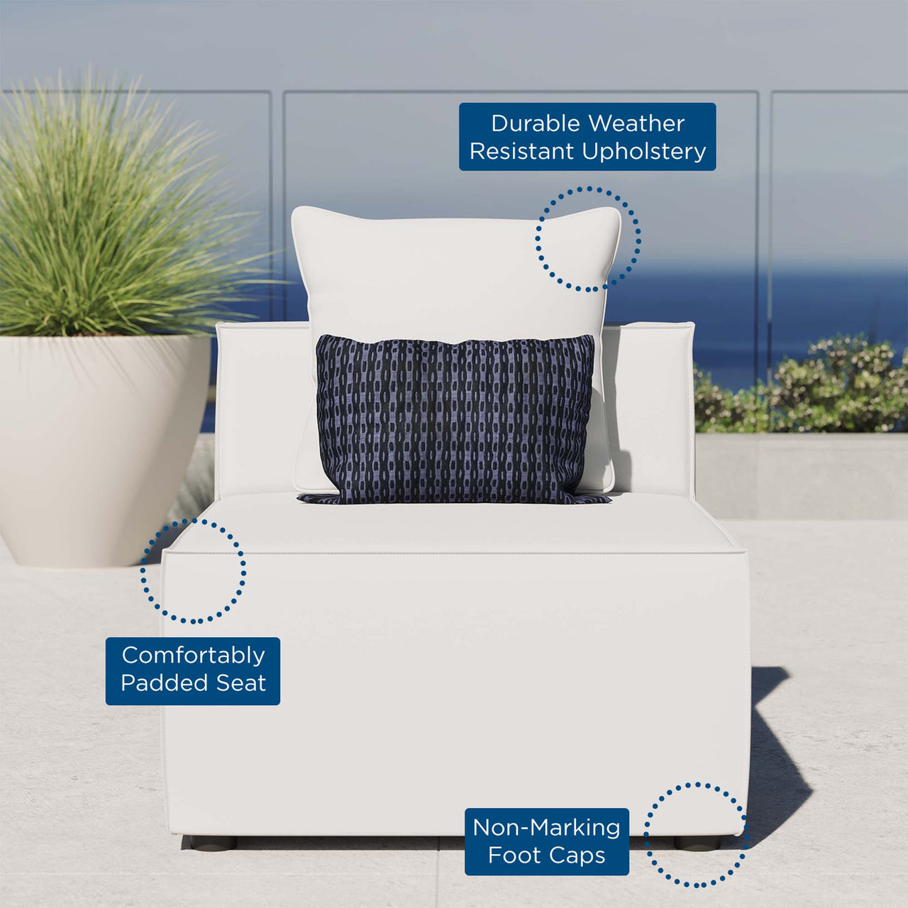 Merida Alfresco Upholstered Armless Chair | Outdoor Modular Sectional Component, White