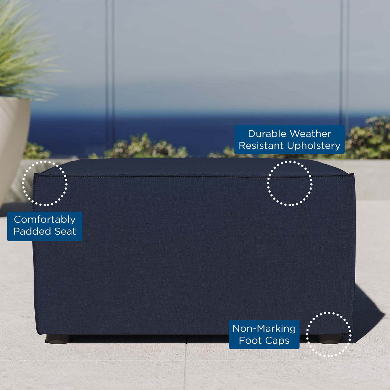Merida Alfresco Upholstered Ottoman | Outdoor Modular Sectional Component, Navy