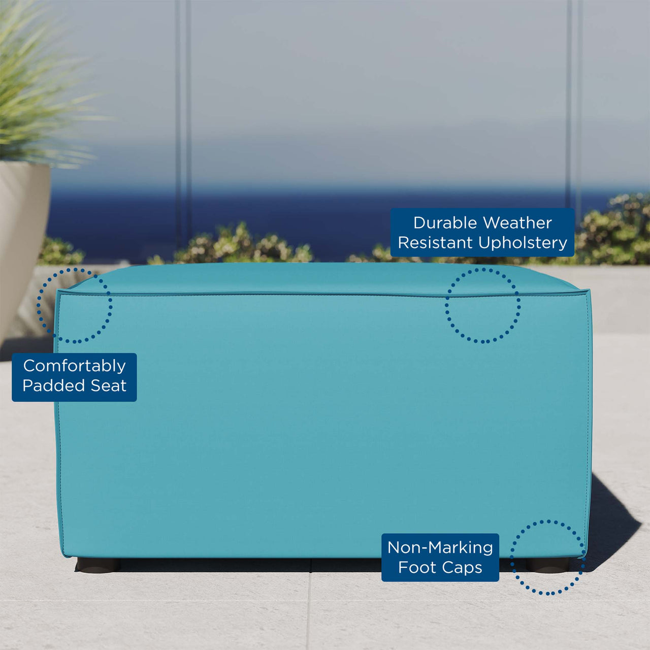 Merida Alfresco Upholstered Ottoman | Outdoor Modular Sectional Component, Turquoise