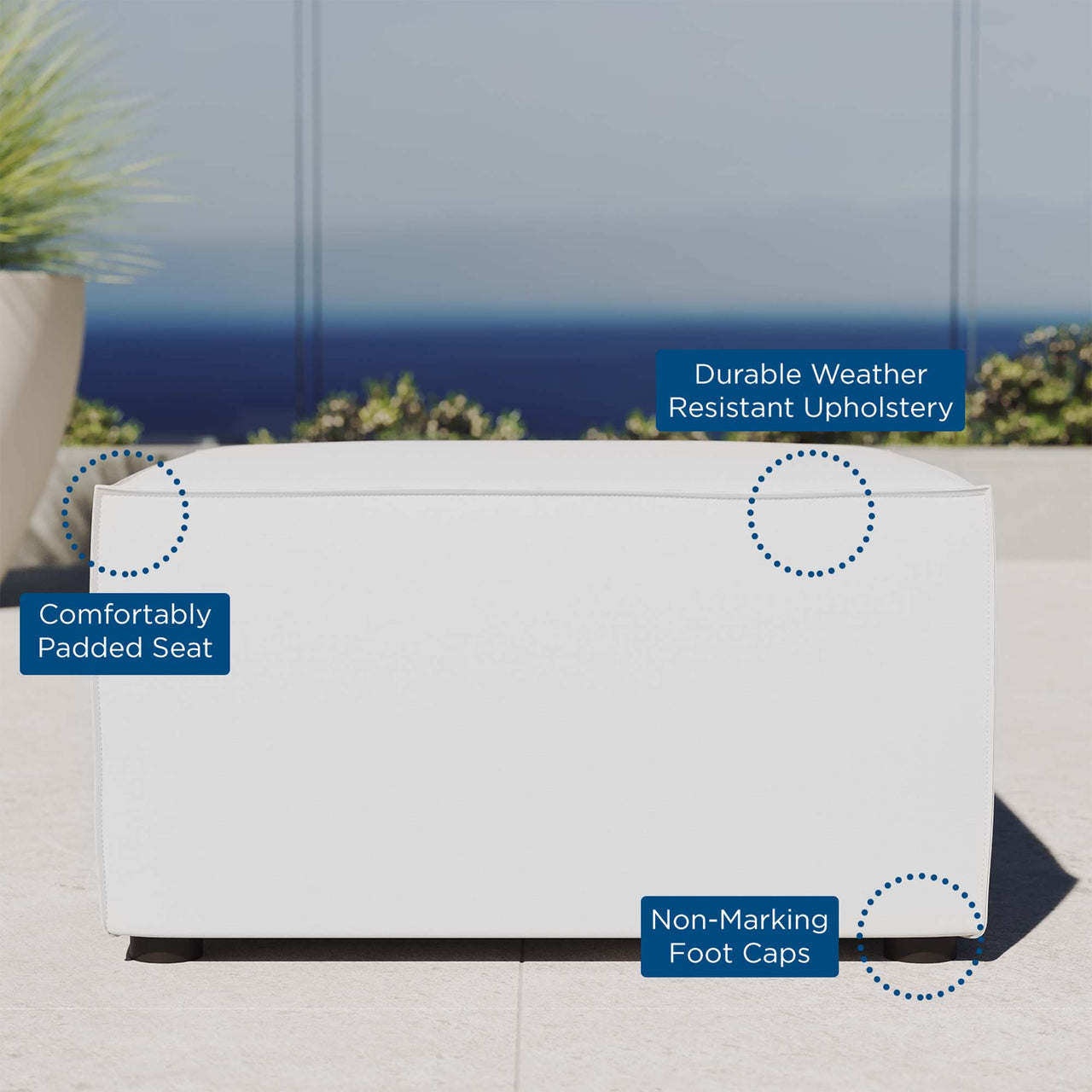 Merida Alfresco Upholstered Ottoman | Outdoor Modular Sectional Component, White