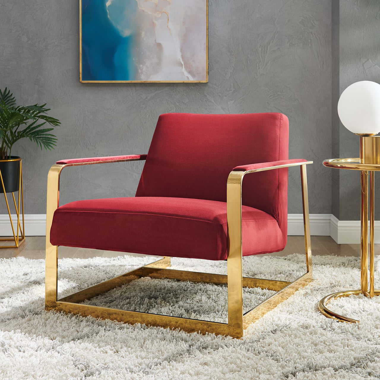 Clarity Upholstered Velvet Armchair, Gold & Maroon