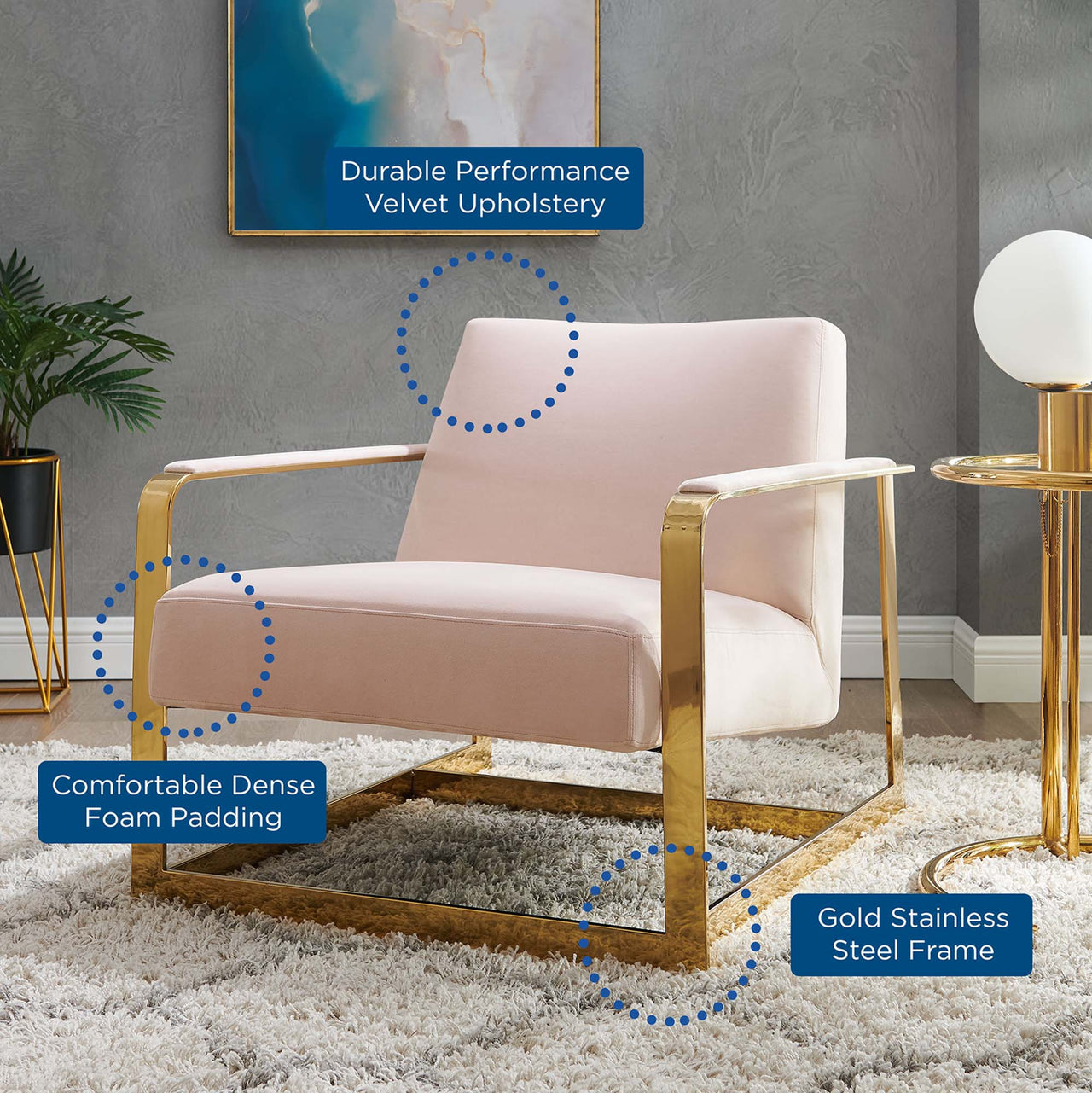 Clarity Upholstered Velvet Armchair, Gold & Pink