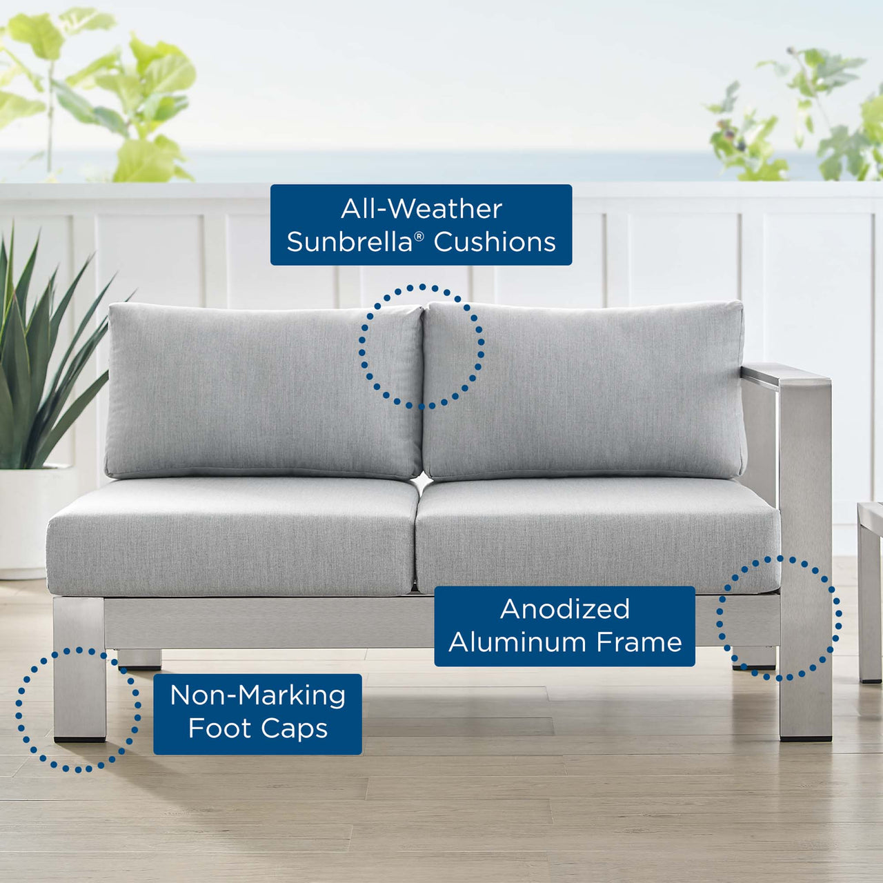 Shorea Sunbrella® Fabric Aluminum Alfresco Right-Arm Loveseat | Outdoor Modular Sectional Component, Silver & Gray