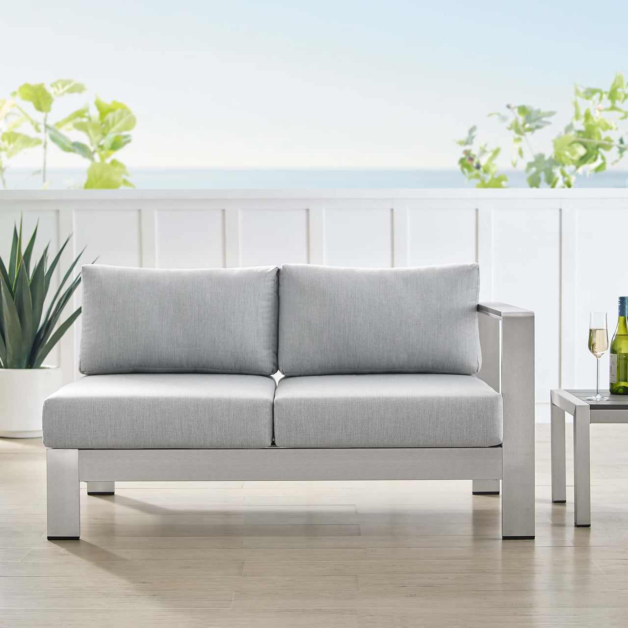 Shorea Sunbrella® Fabric Aluminum Alfresco Right-Arm Loveseat | Outdoor Modular Sectional Component, Silver & Gray