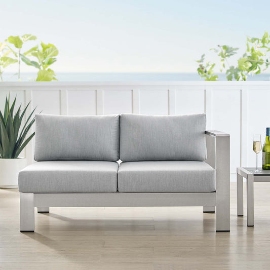 Shorea Sunbrella® Fabric Aluminum Alfresco Right-Arm Loveseat | Outdoor Modular Sectional Component, Silver & Gray