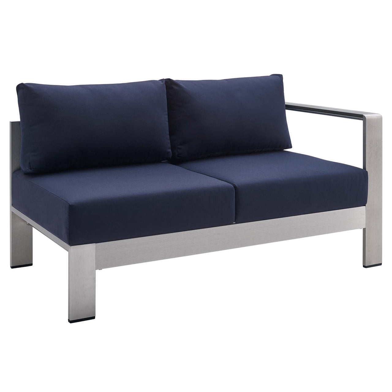 Shorea Sunbrella® Fabric Aluminum Alfresco Right-Arm Loveseat | Outdoor Modular Sectional Component, Silver & Navy