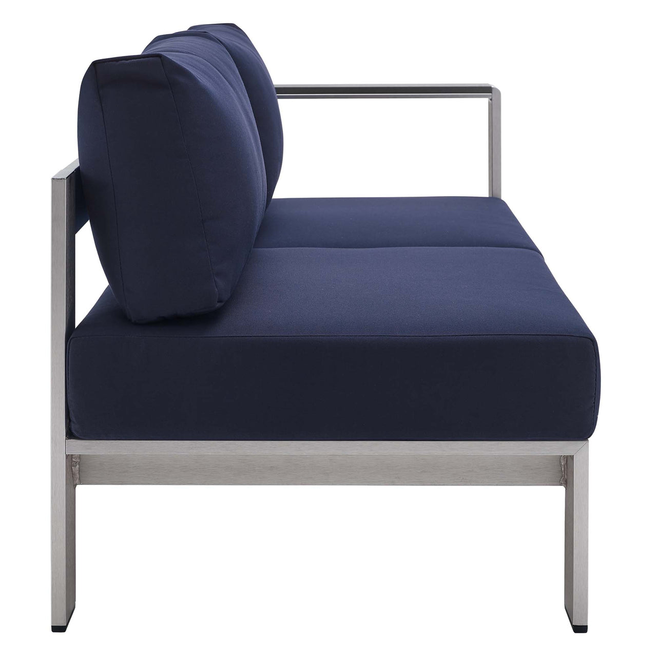 Shorea Sunbrella® Fabric Aluminum Alfresco Right-Arm Loveseat | Outdoor Modular Sectional Component, Silver & Navy