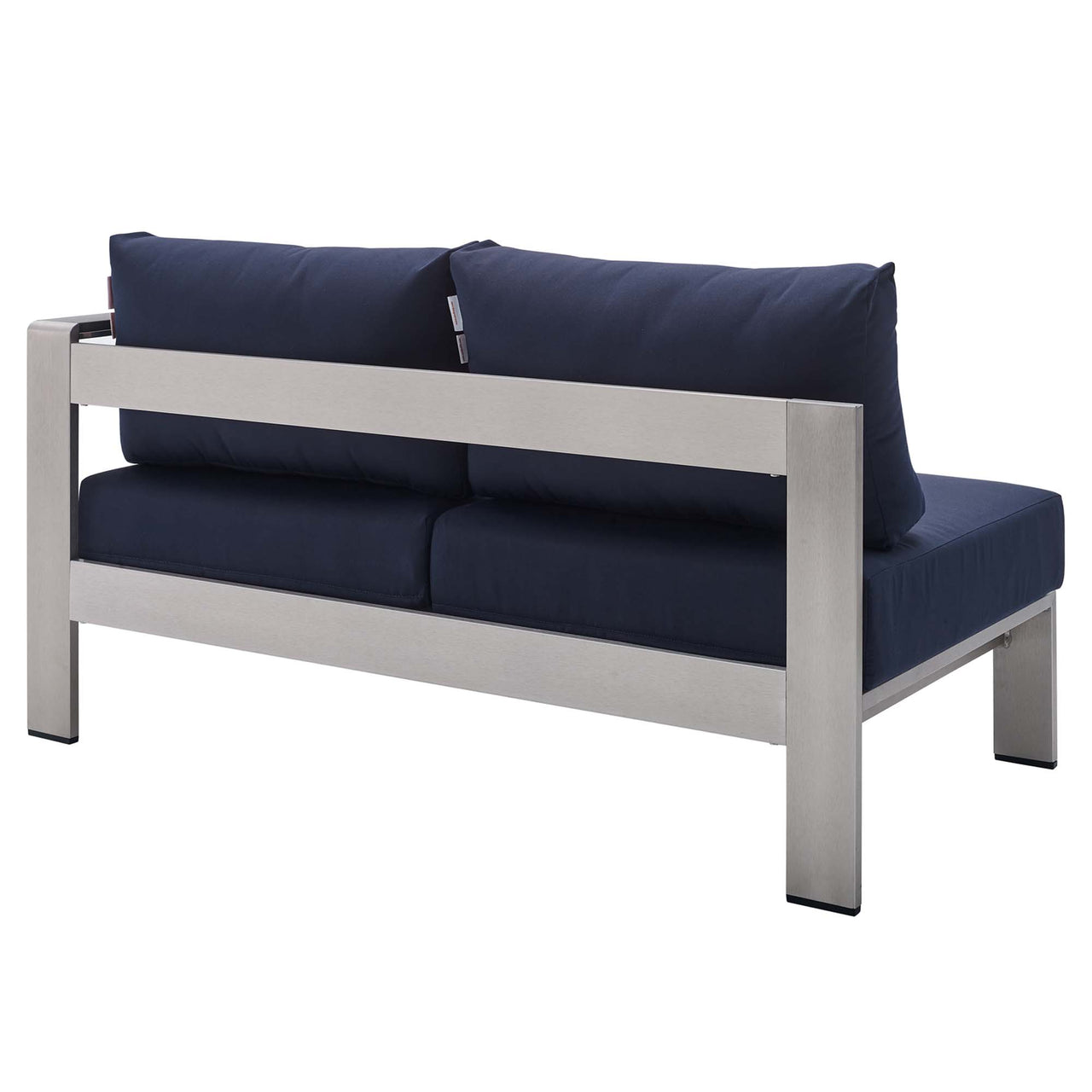 Shorea Sunbrella® Fabric Aluminum Alfresco Right-Arm Loveseat | Outdoor Modular Sectional Component, Silver & Navy