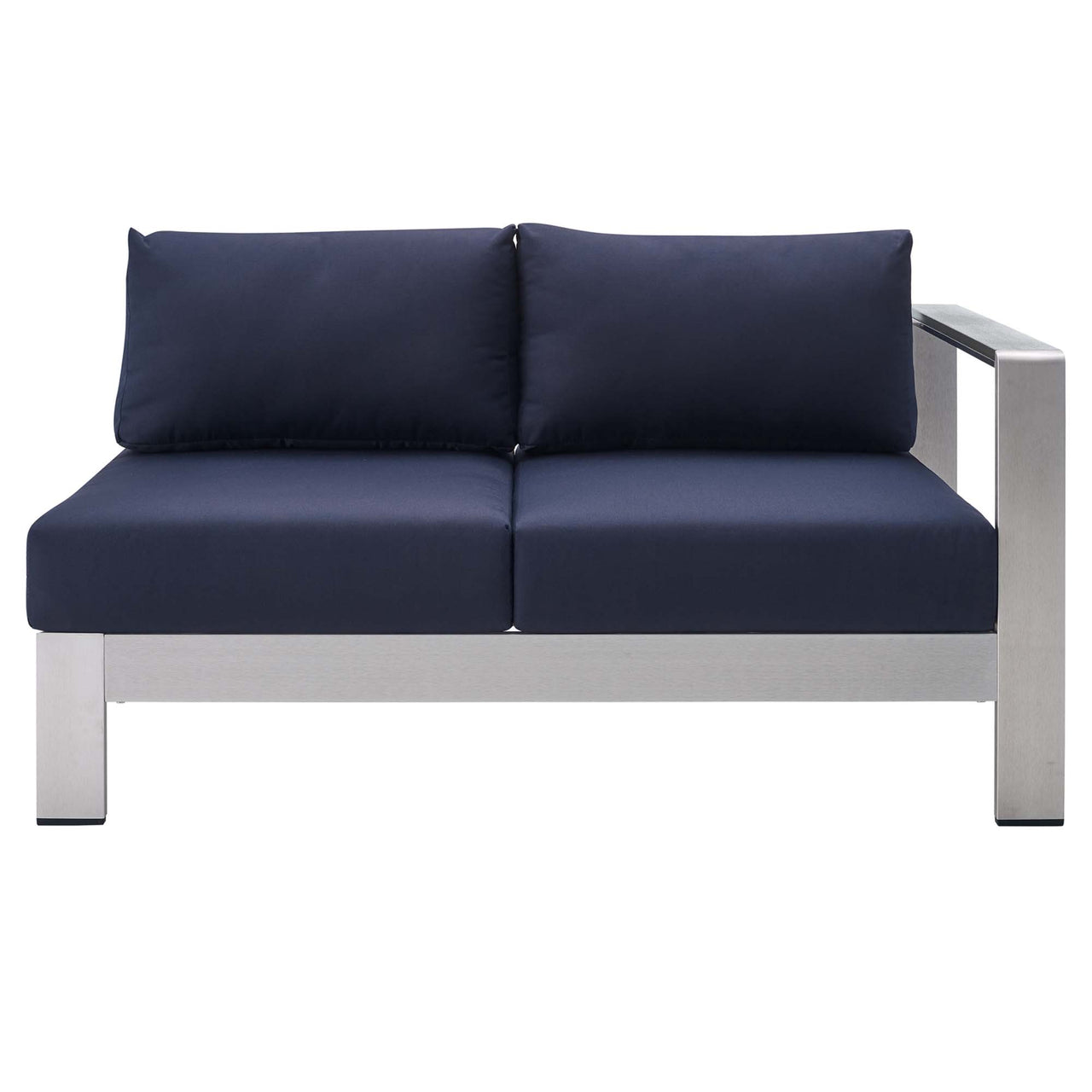 Shorea Sunbrella® Fabric Aluminum Alfresco Right-Arm Loveseat | Outdoor Modular Sectional Component, Silver & Navy