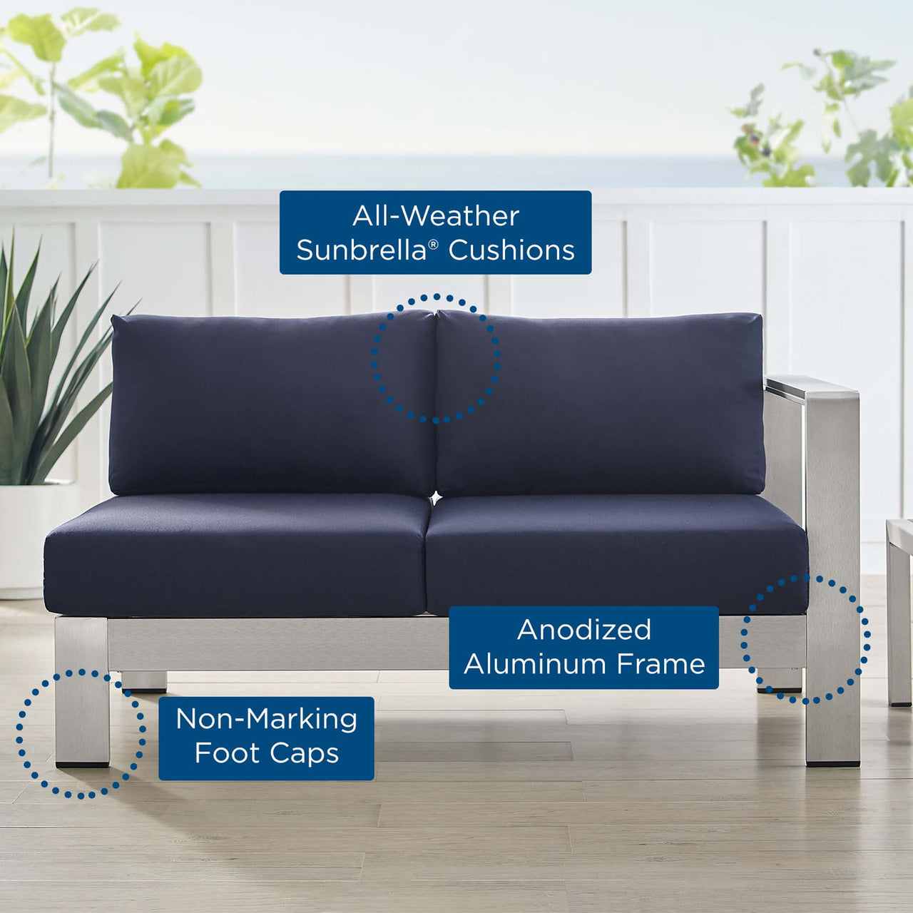 Shorea Sunbrella® Fabric Aluminum Alfresco Right-Arm Loveseat | Outdoor Modular Sectional Component, Silver & Navy