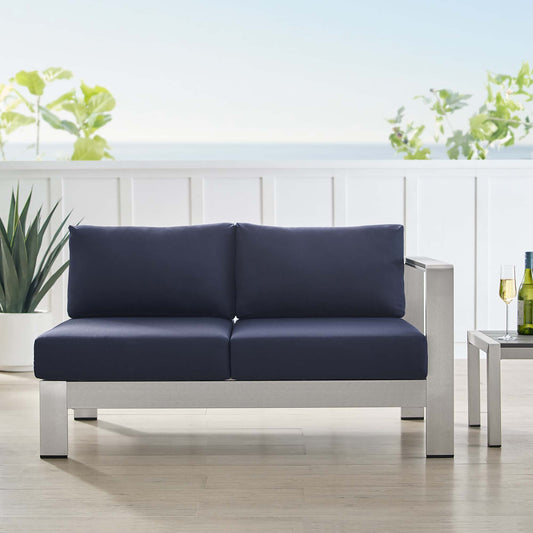 Shorea Sunbrella® Fabric Aluminum Alfresco Right-Arm Loveseat | Outdoor Modular Sectional Component, Silver & Navy