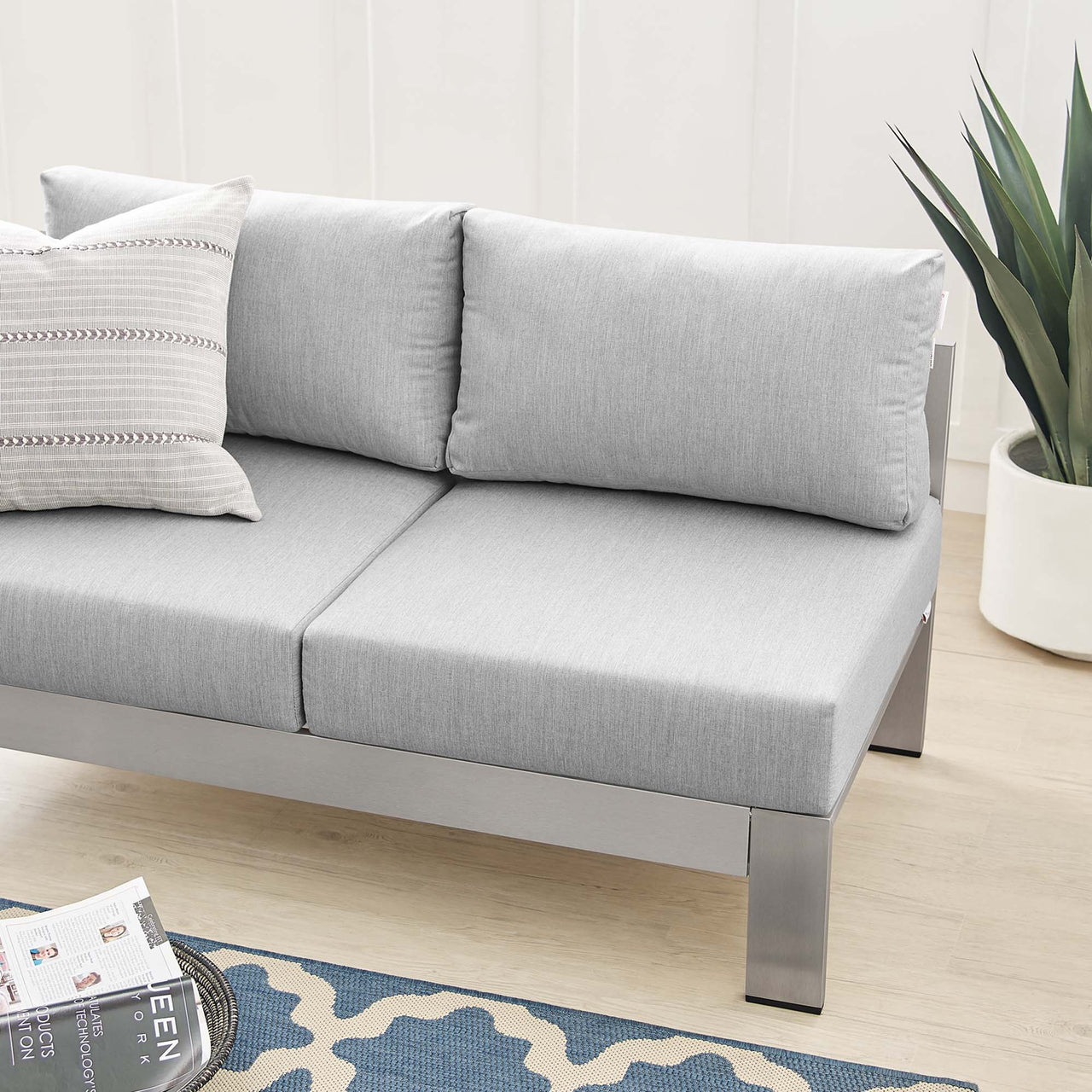 Shorea Sunbrella® Fabric Aluminum Alfresco Left-Arm Loveseat | Outdoor Modular Sectional Component, Silver & Gray