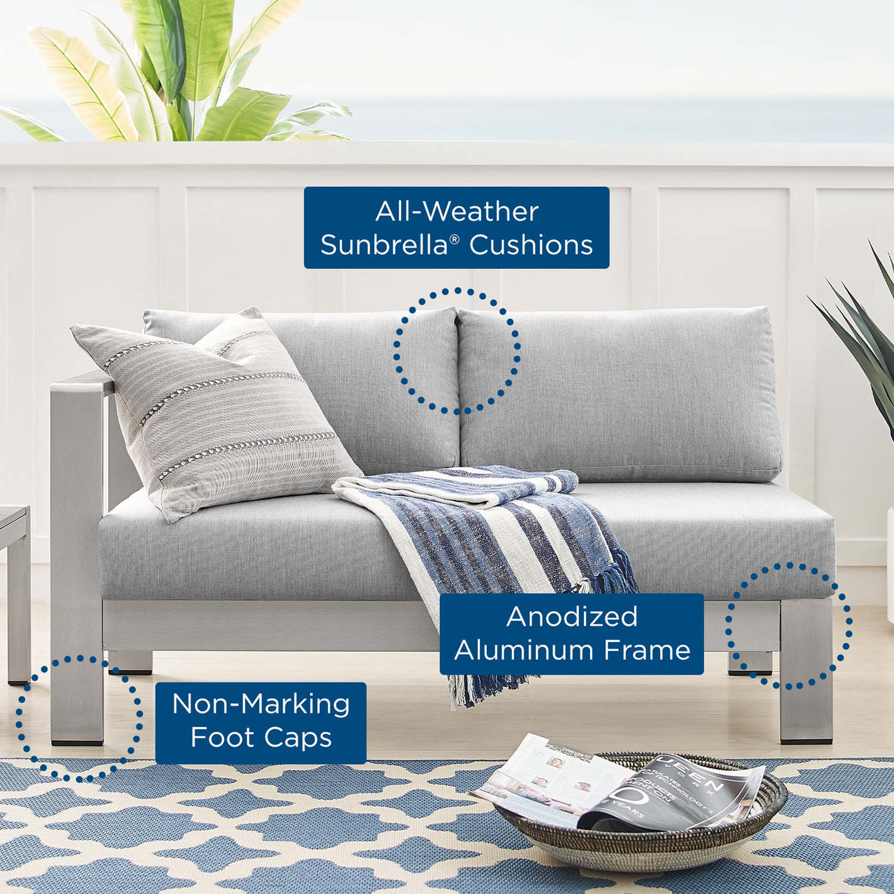 Shorea Sunbrella® Fabric Aluminum Alfresco Left-Arm Loveseat | Outdoor Modular Sectional Component, Silver & Gray
