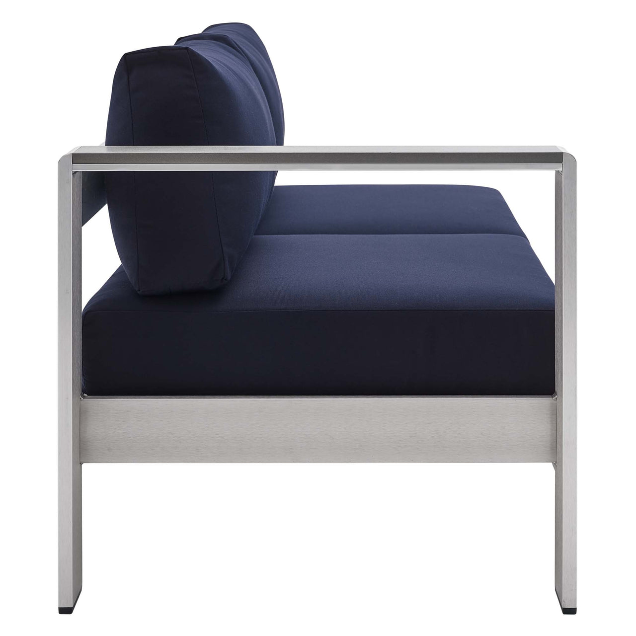 Shorea Sunbrella® Fabric Aluminum Alfresco Left-Arm Loveseat | Outdoor Modular Sectional Component, Silver & Navy