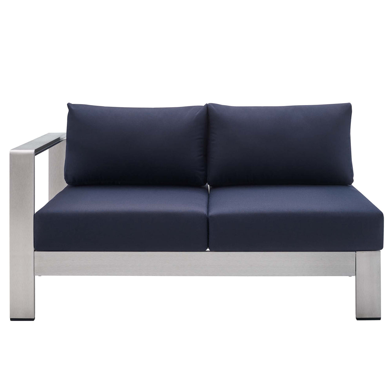 Shorea Sunbrella® Fabric Aluminum Alfresco Left-Arm Loveseat | Outdoor Modular Sectional Component, Silver & Navy