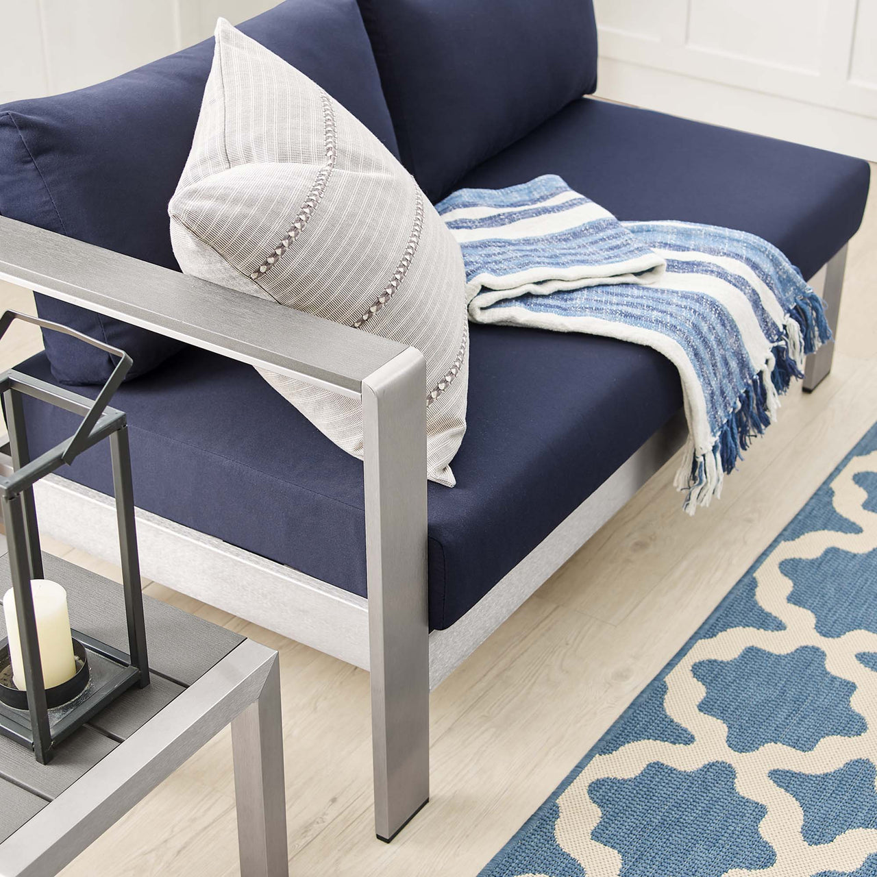 Shorea Sunbrella® Fabric Aluminum Alfresco Left-Arm Loveseat | Outdoor Modular Sectional Component, Silver & Navy