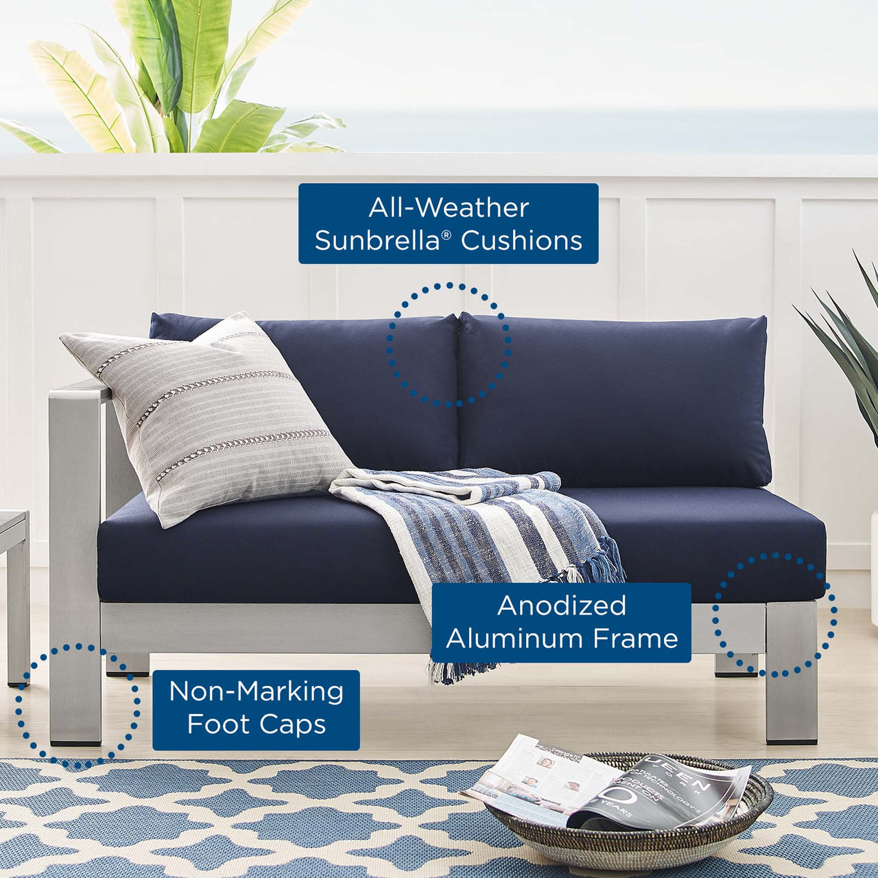 Shorea Sunbrella® Fabric Aluminum Alfresco Left-Arm Loveseat | Outdoor Modular Sectional Component, Silver & Navy