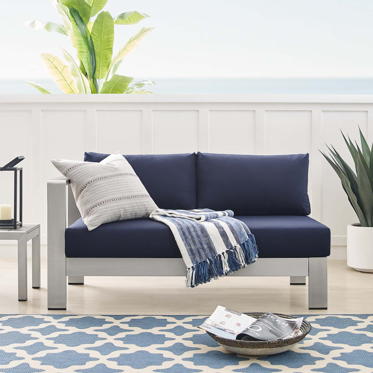 Shorea Sunbrella® Fabric Aluminum Alfresco Left-Arm Loveseat | Outdoor Modular Sectional Component, Silver & Navy