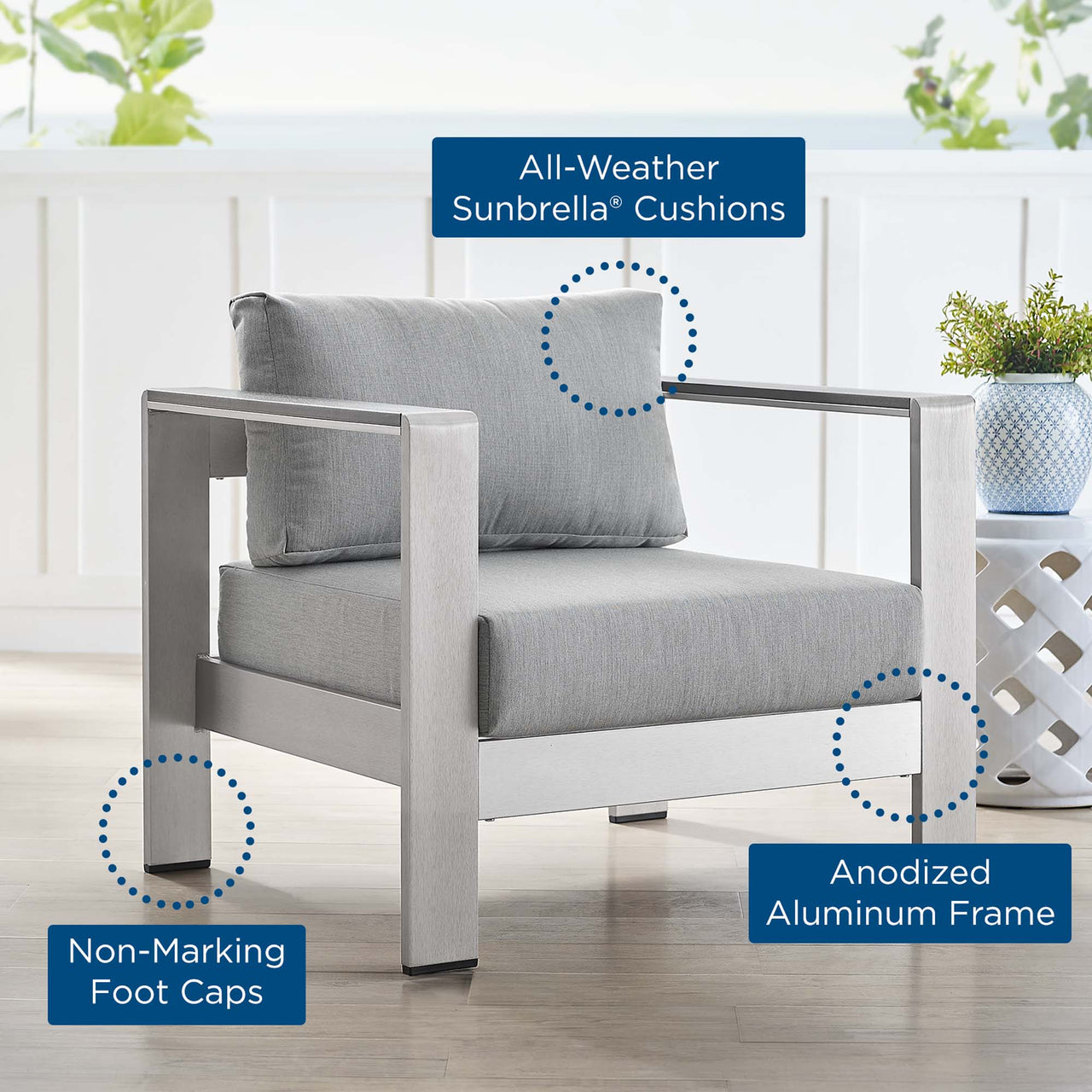 Shorea Sunbrella® Fabric Aluminum Alfresco Armchair, Silver & Gray