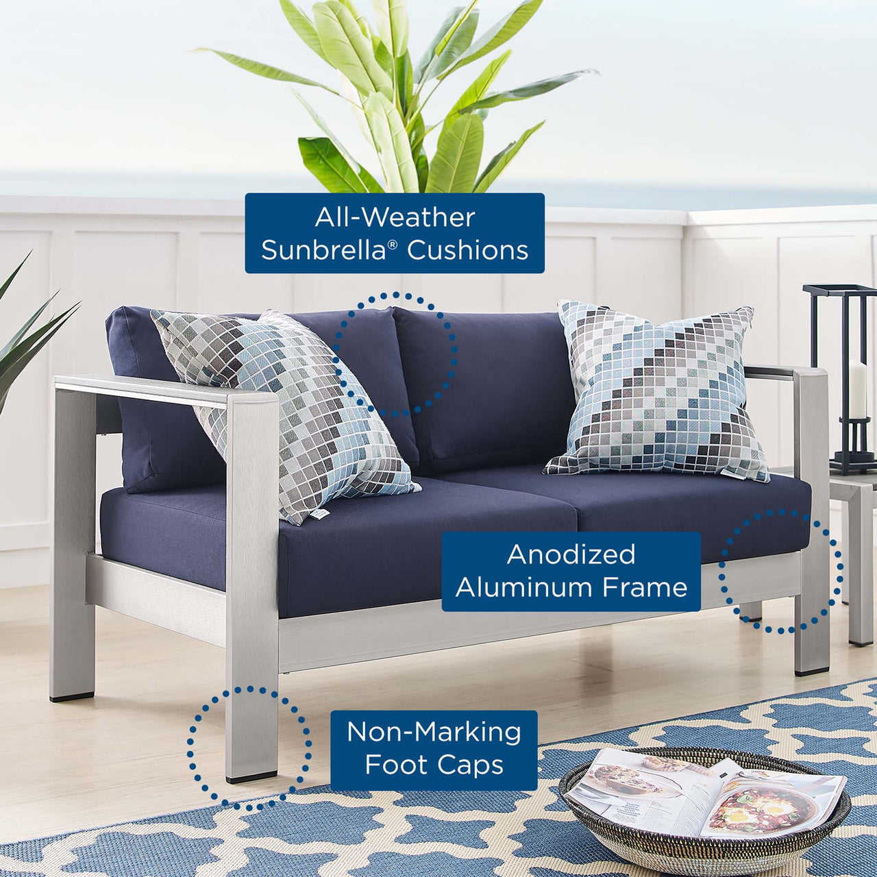 Shorea Sunbrella® Fabric Aluminum Alfresco Loveseat, Silver & Navy