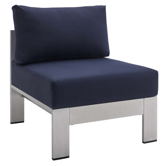 Shorea Sunbrella® Fabric Aluminum Alfresco Armless Chair | Outdoor Modular Sectional Component, Silver & Navy