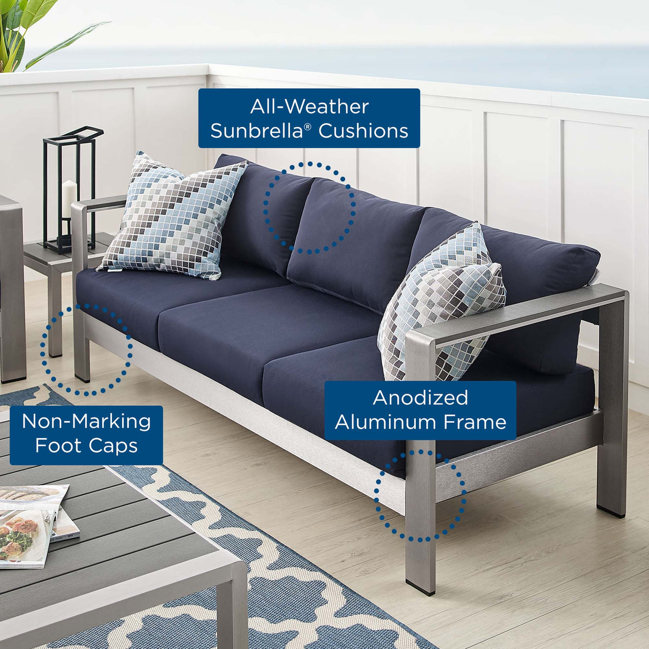 Shorea Sunbrella® Fabric Aluminum Alfresco Sofa, Silver & Navy