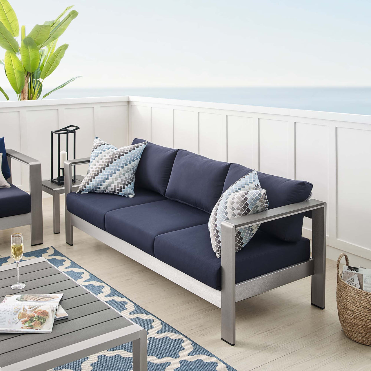 Shorea Sunbrella® Fabric Aluminum Alfresco Sofa, Silver & Navy