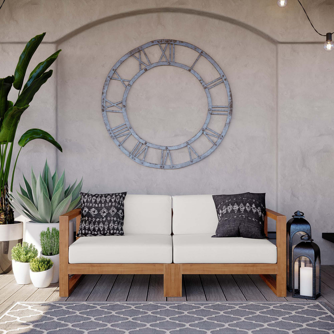 Rizer 2-Piece Alfresco Teak Loveseat Sectional, Natural Wood & White