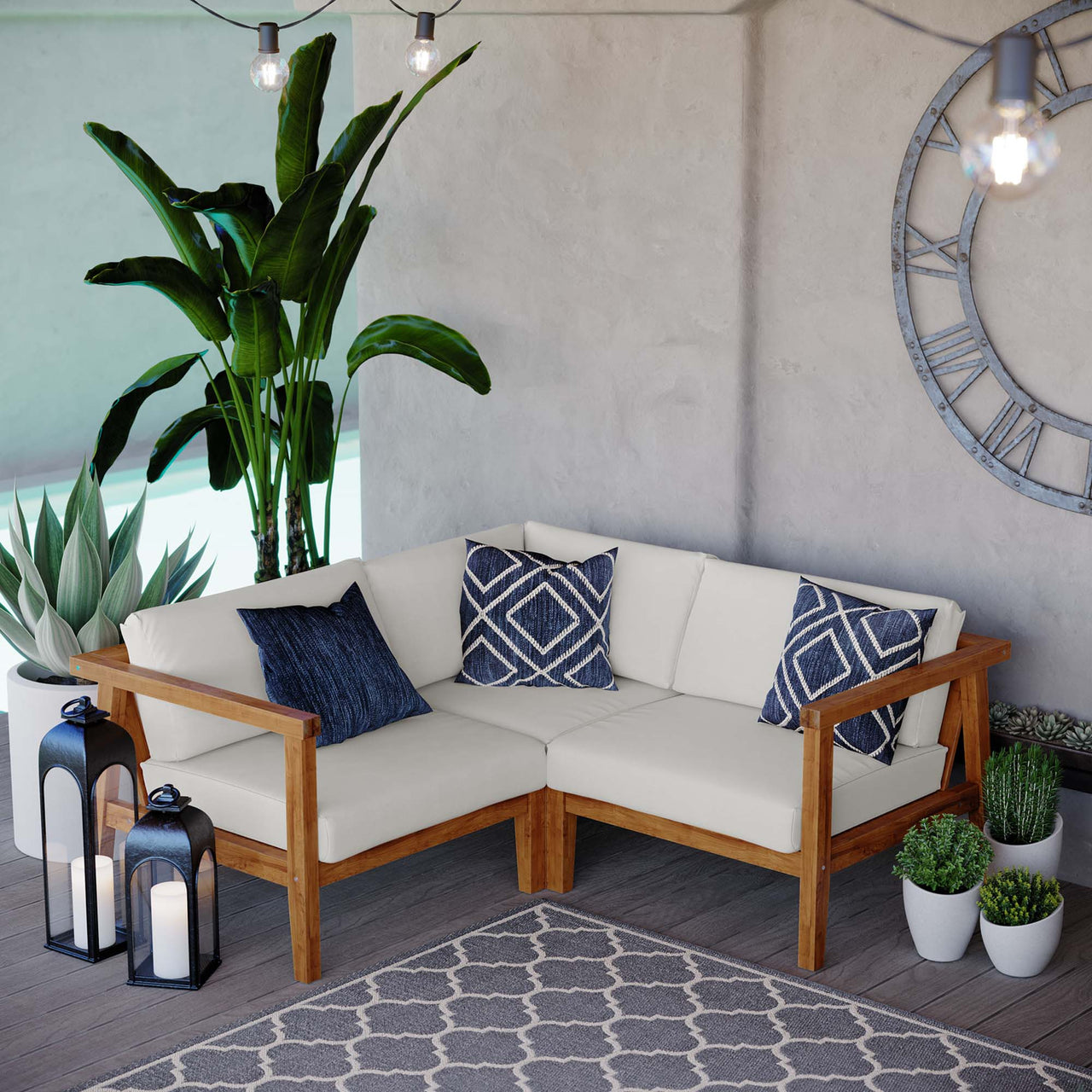 Brentford 3-Piece Alfresco Sectional Sofa Set, Natural Wood & White