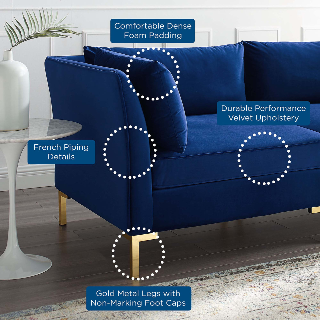 Leora Velvet Loveseat Sectional, Navy