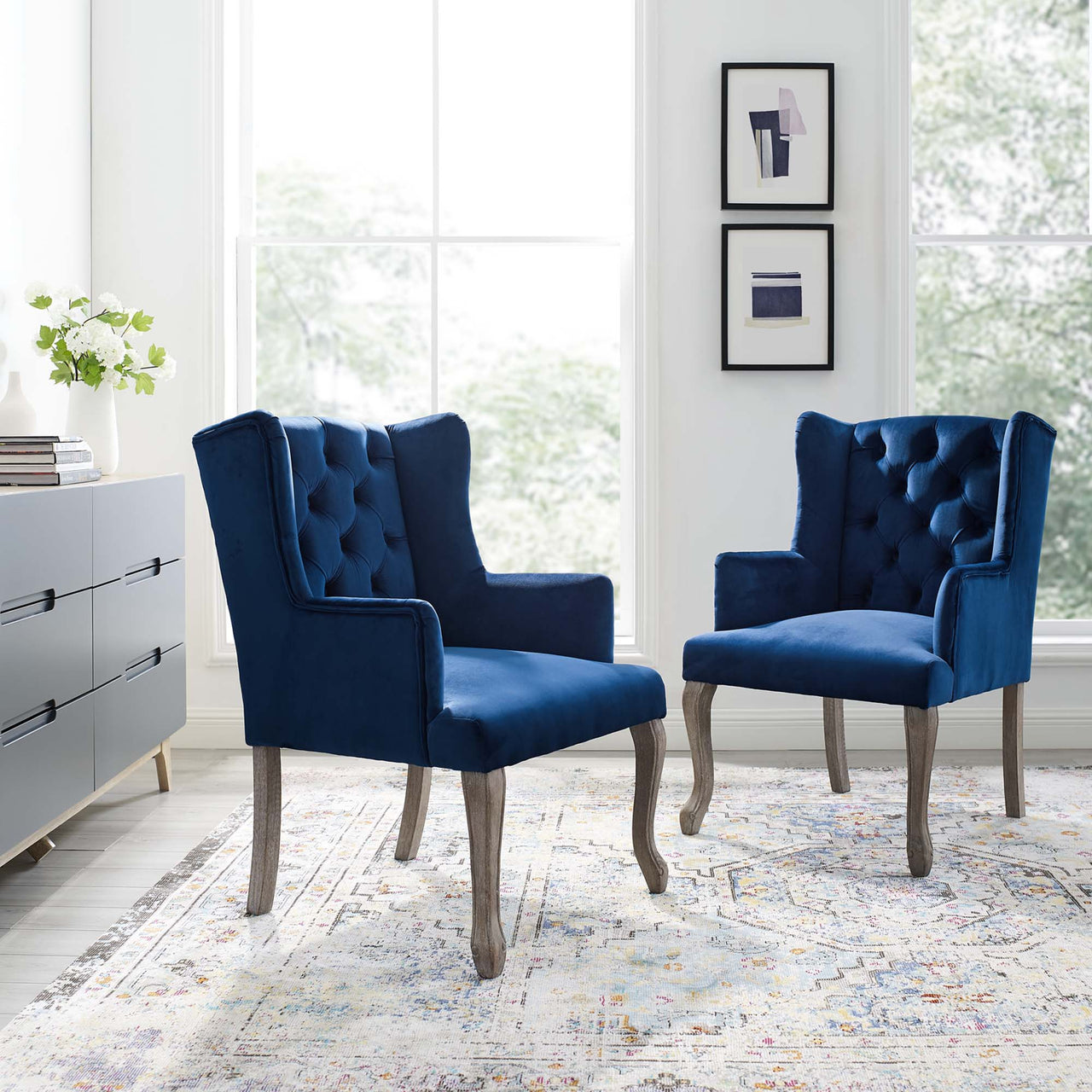 Francoise Upholstered Velvet Dining | Accent Chair Set of 2, Navy
