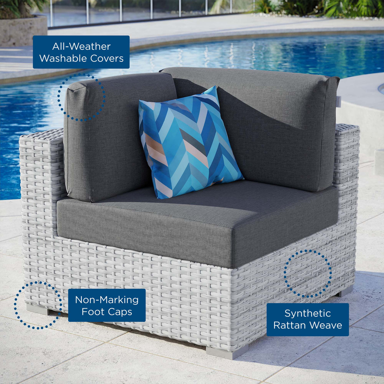 Conversation Alfresco Corner Chair | Outdoor Modular Sectional Component, Light Gray & Charcoal