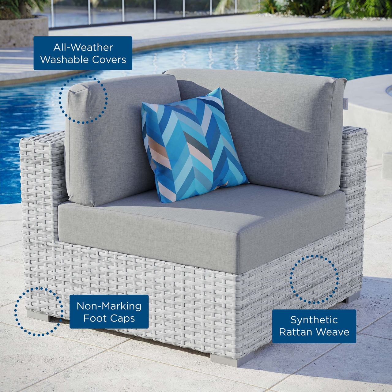 Conversation Alfresco Corner Chair | Outdoor Modular Sectional Component, Light Gray & Gray