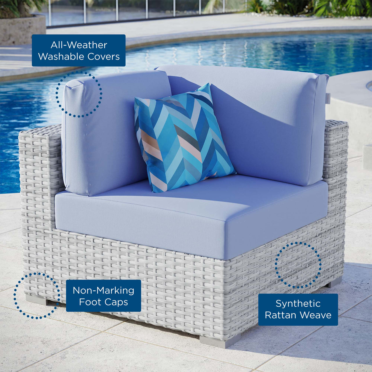 Conversation Alfresco Corner Chair | Outdoor Modular Sectional Component, Light Gray & Light Blue