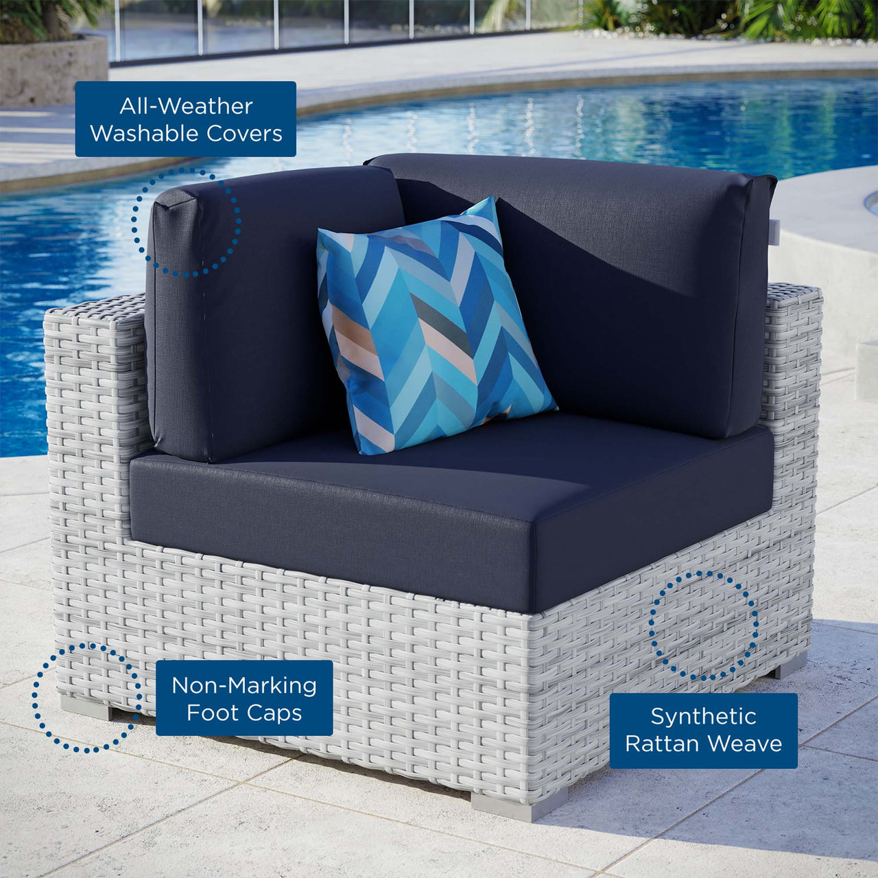 Conversation Alfresco Corner Chair | Outdoor Modular Sectional Component, Light Gray & Navy
