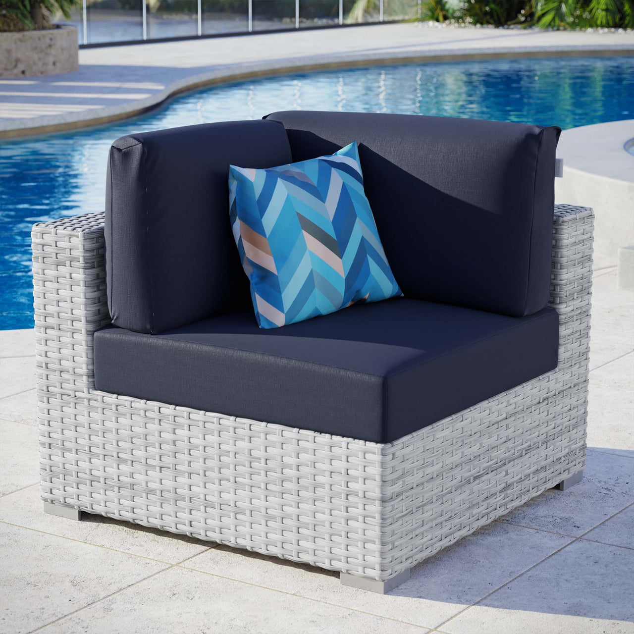 Conversation Alfresco Corner Chair | Outdoor Modular Sectional Component, Light Gray & Navy