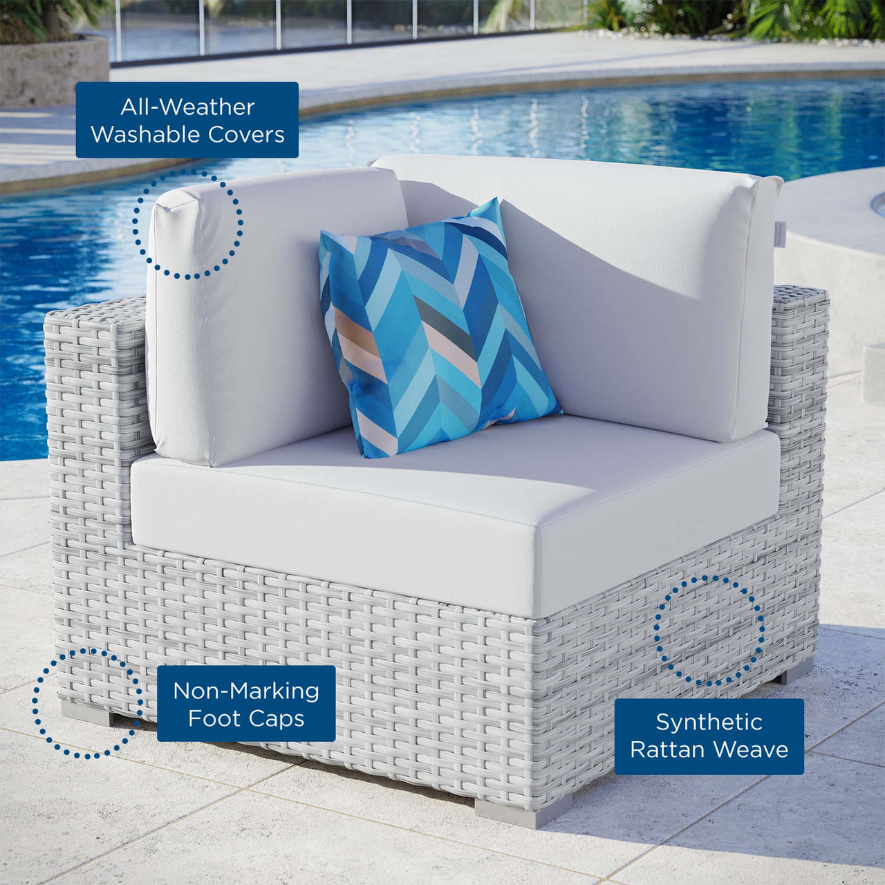 Conversation Alfresco Corner Chair | Outdoor Modular Sectional Component, Light Gray & White