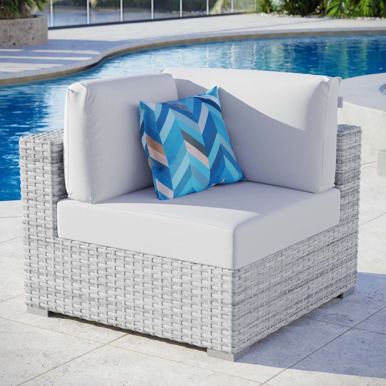 Conversation Alfresco Corner Chair | Outdoor Modular Sectional Component, Light Gray & White