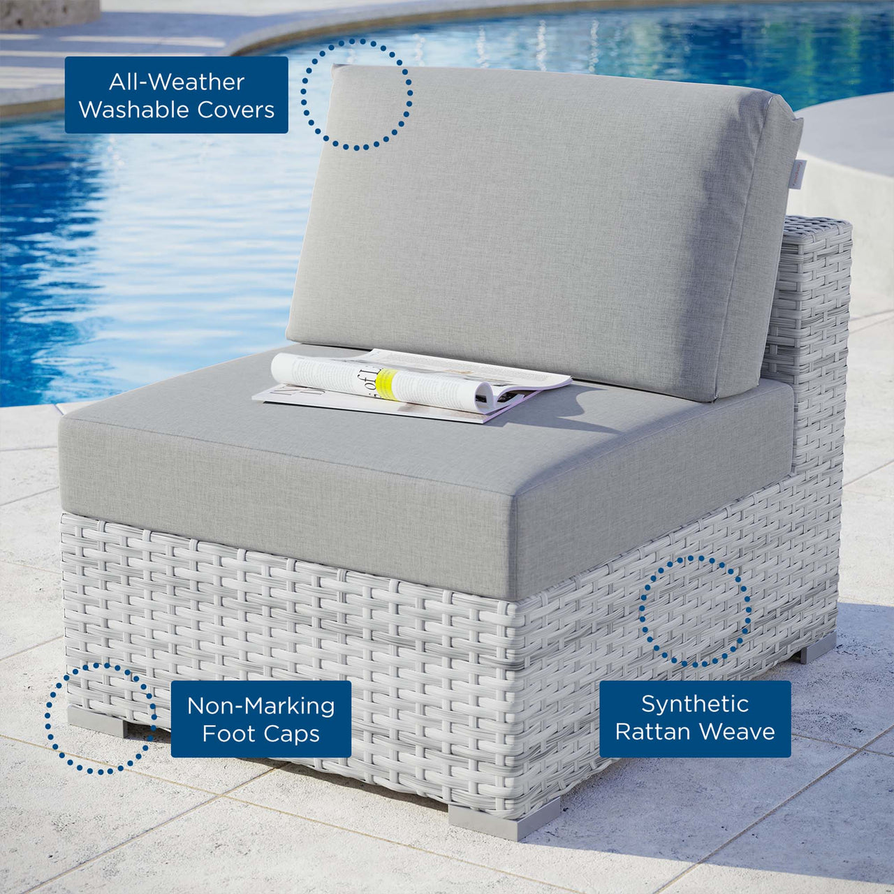 Conversation Alfresco Armless Chair | Outdoor Modular Sectional Component, Light Gray & Gray