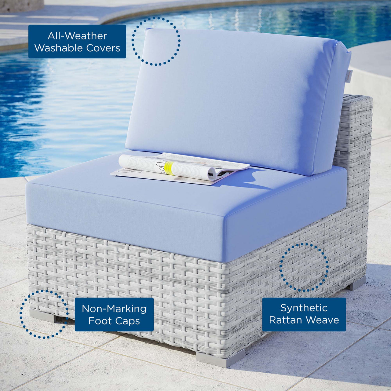Conversation Alfresco Armless Chair | Outdoor Modular Sectional Component, Light Gray & Light Blue