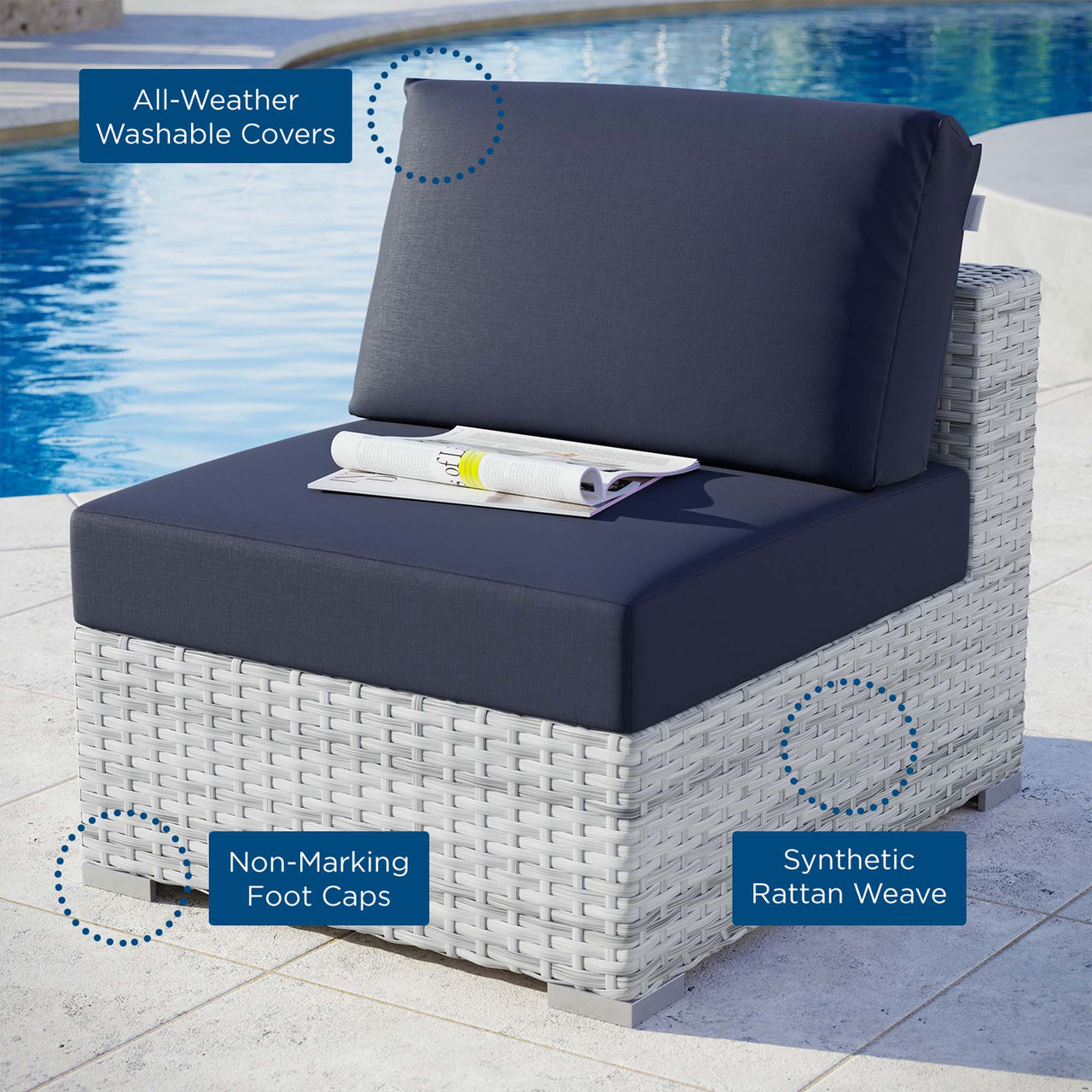 Conversation Alfresco Armless Chair | Outdoor Modular Sectional Component, Light Gray & Navy