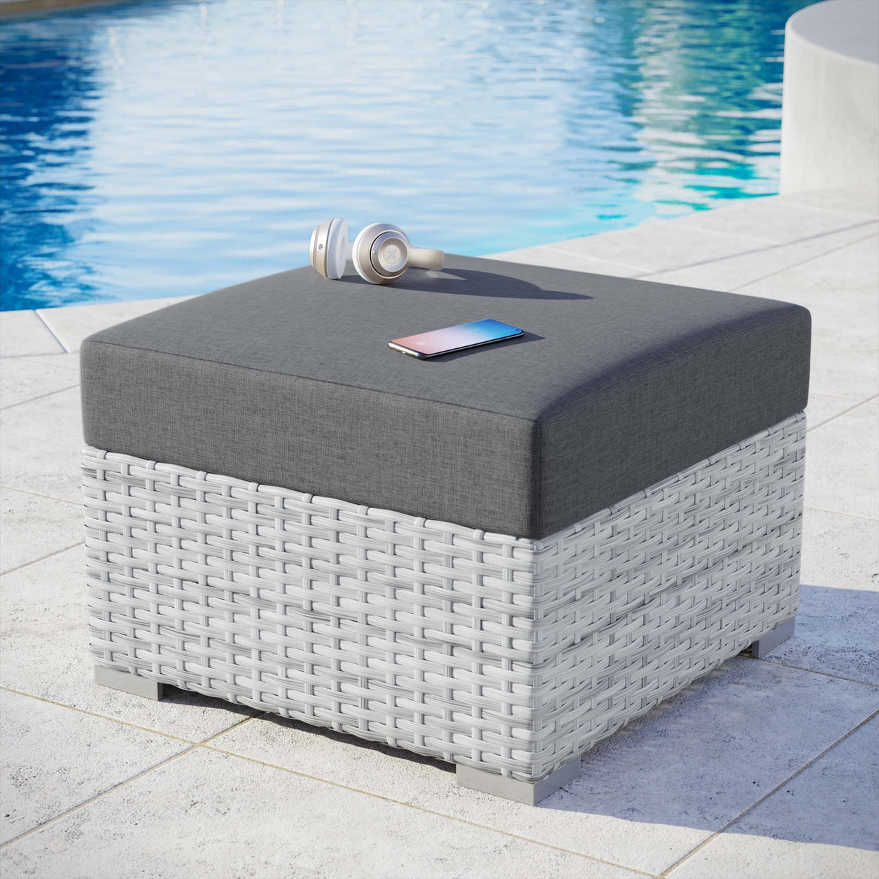 Conversation Alfresco Ottoman | Outdoor Modular Sectional Component, Light Gray & Charcoal