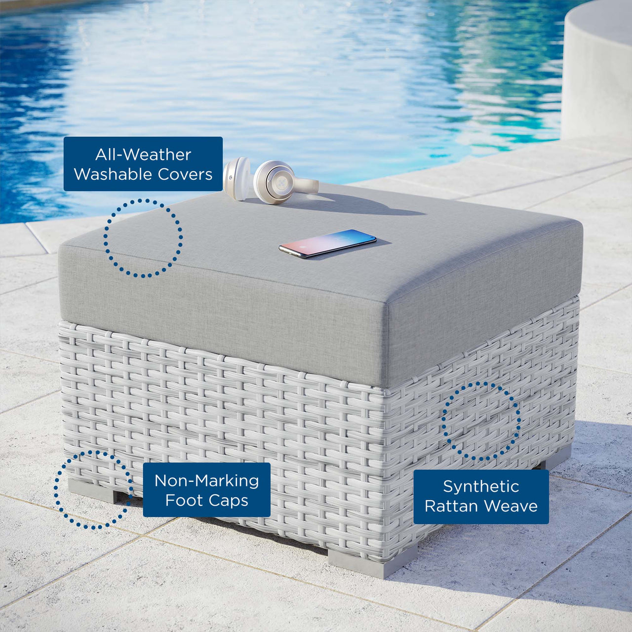 Conversation Alfresco Ottoman | Outdoor Modular Sectional Component, Light Gray & Gray