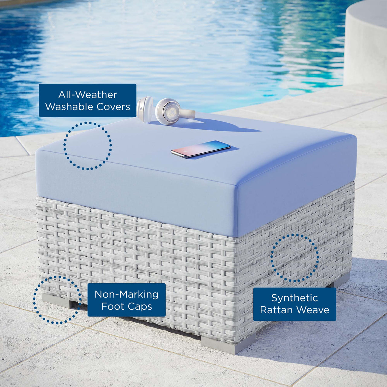 Conversation Alfresco Ottoman | Outdoor Modular Sectional Component, Light Gray & Light Blue