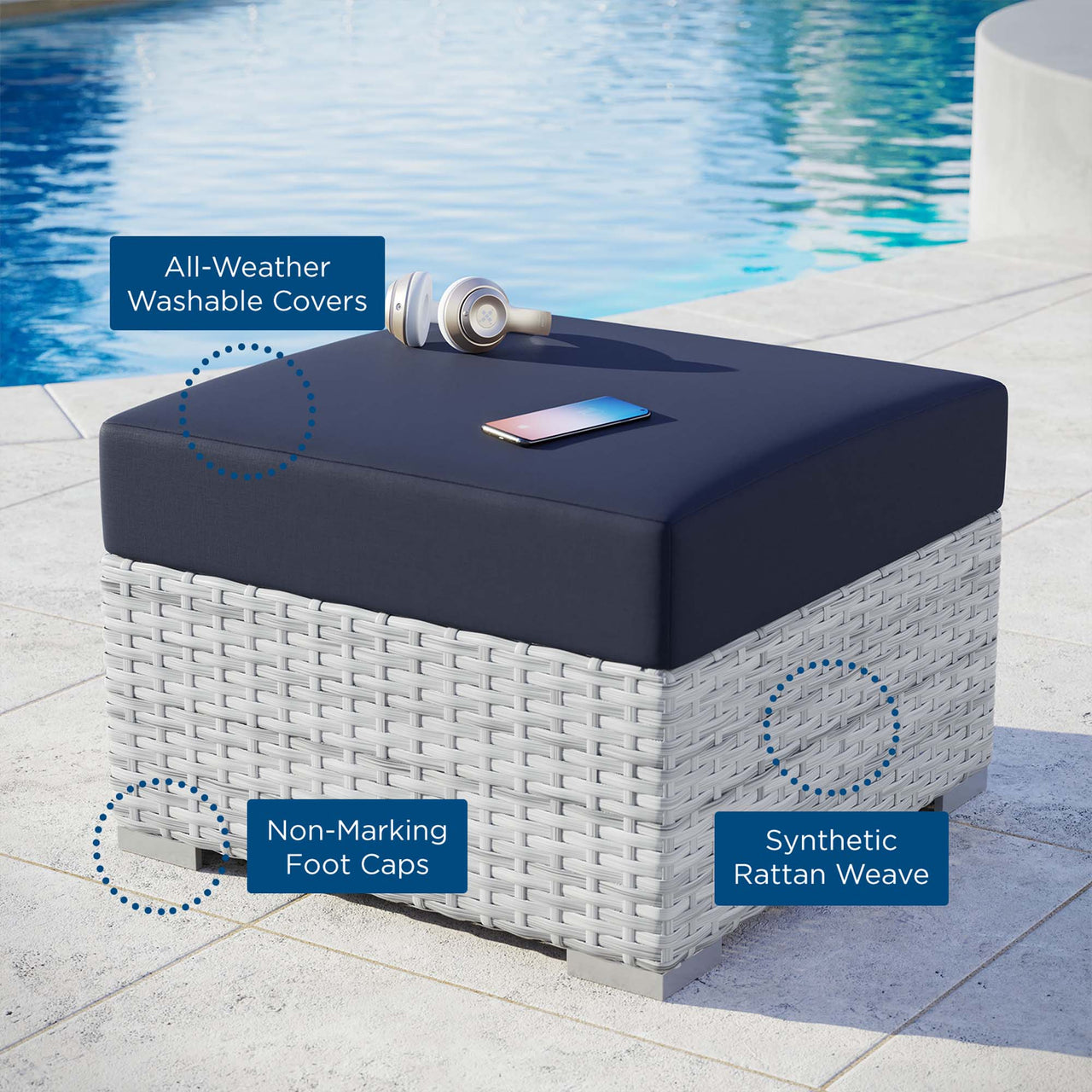 Conversation Alfresco Ottoman | Outdoor Modular Sectional Component, Light Gray & Navy