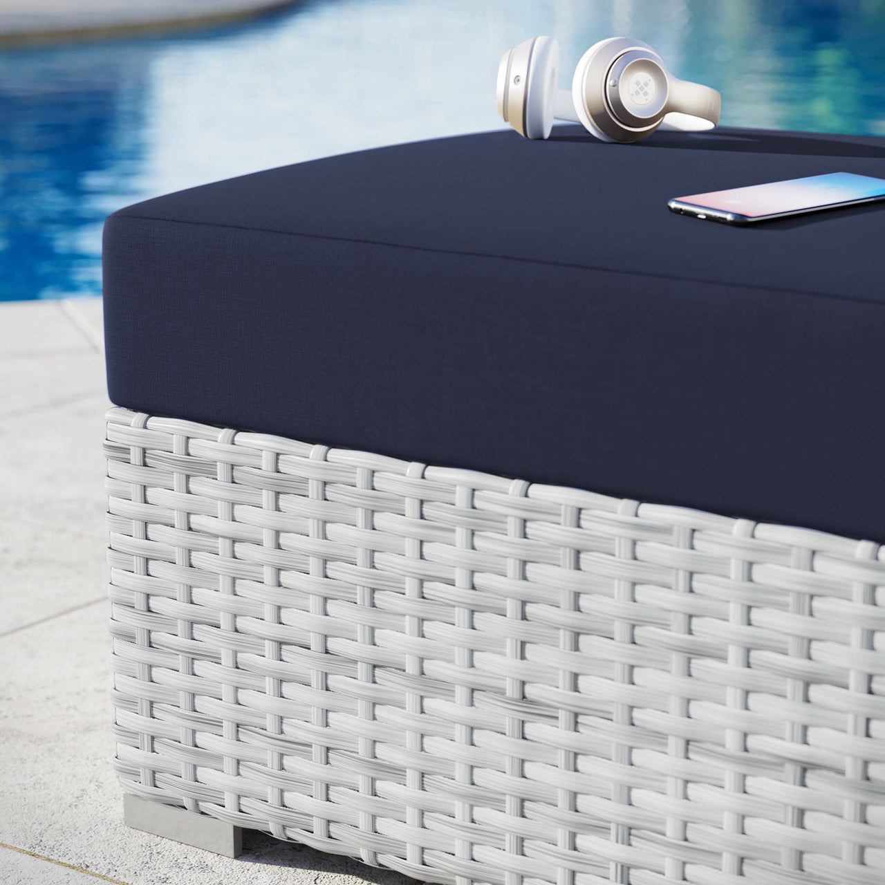 Conversation Alfresco Ottoman | Outdoor Modular Sectional Component, Light Gray & Navy