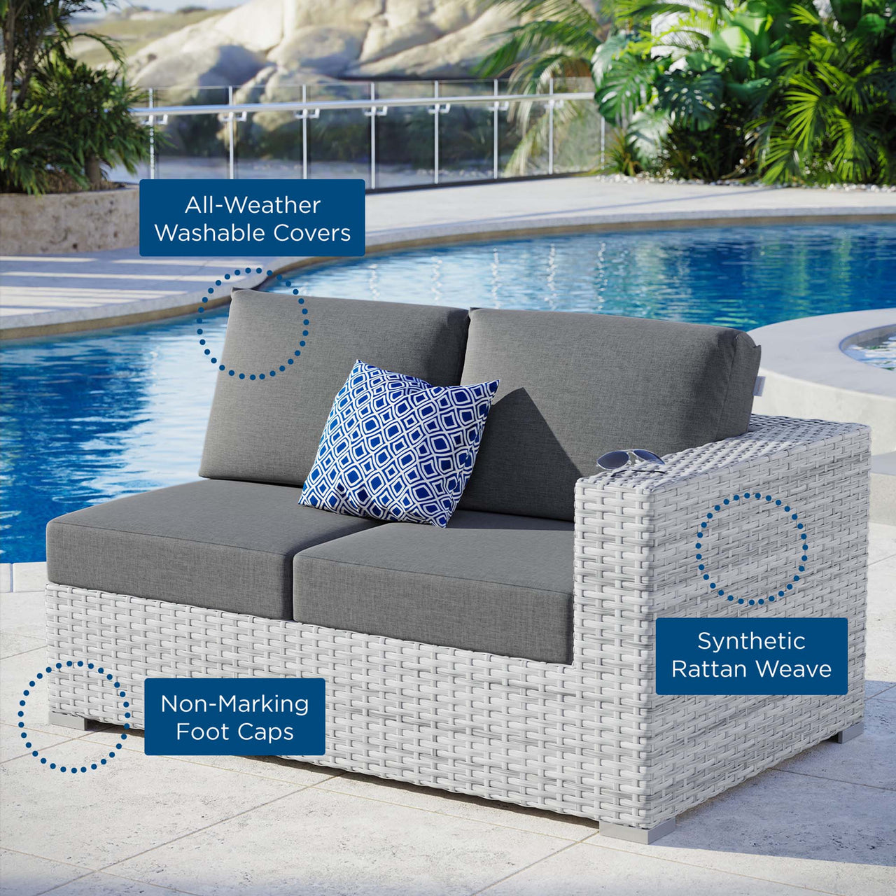 Conversation Alfresco Right-Arm Loveseat | Outdoor Modular Sectional Component, Light Gray & Charcoal